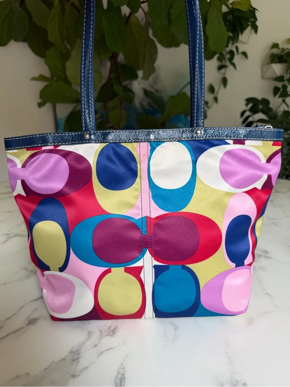 Coach Y2K Op Art Signature Scarf Print Multicolor Satin Tote Shoulder Bag F15183